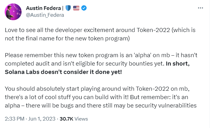 Solana Head of Strategy confirms SPL 2022 is still experimental.