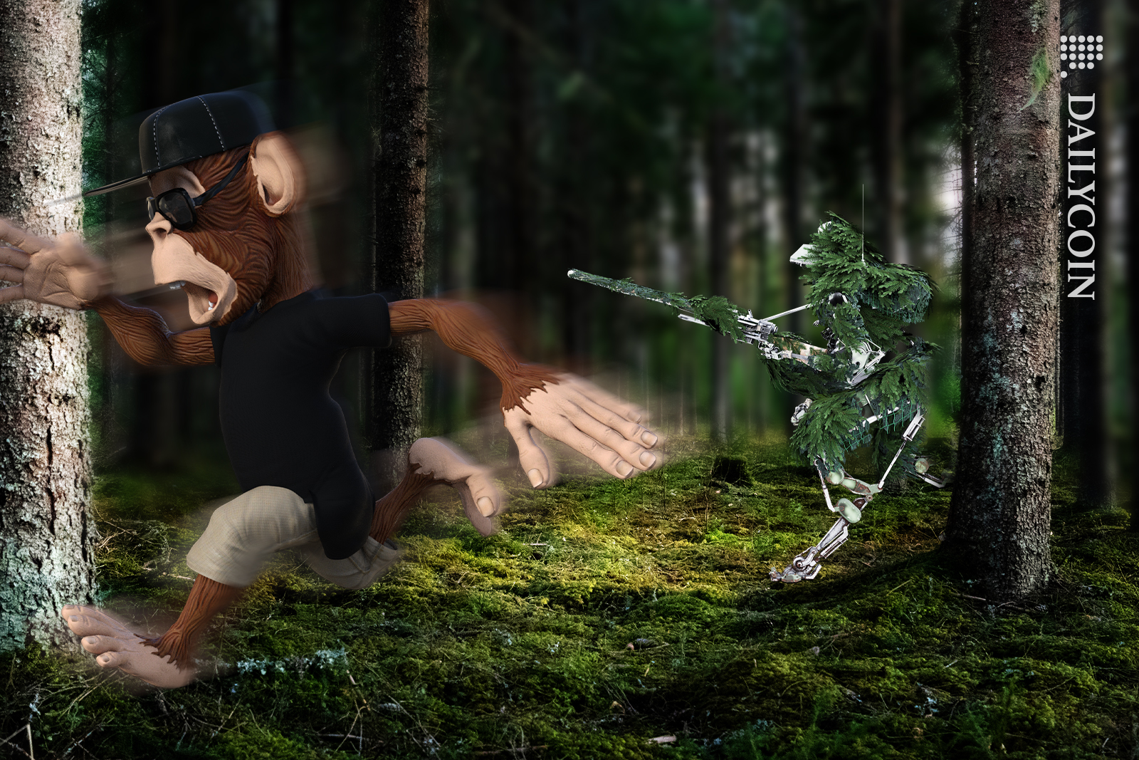 Bored Ape running away from a camo soldier.