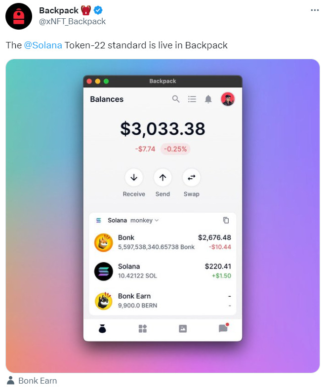 Tweet from BackPack wallet proving SPL 2022 integration.