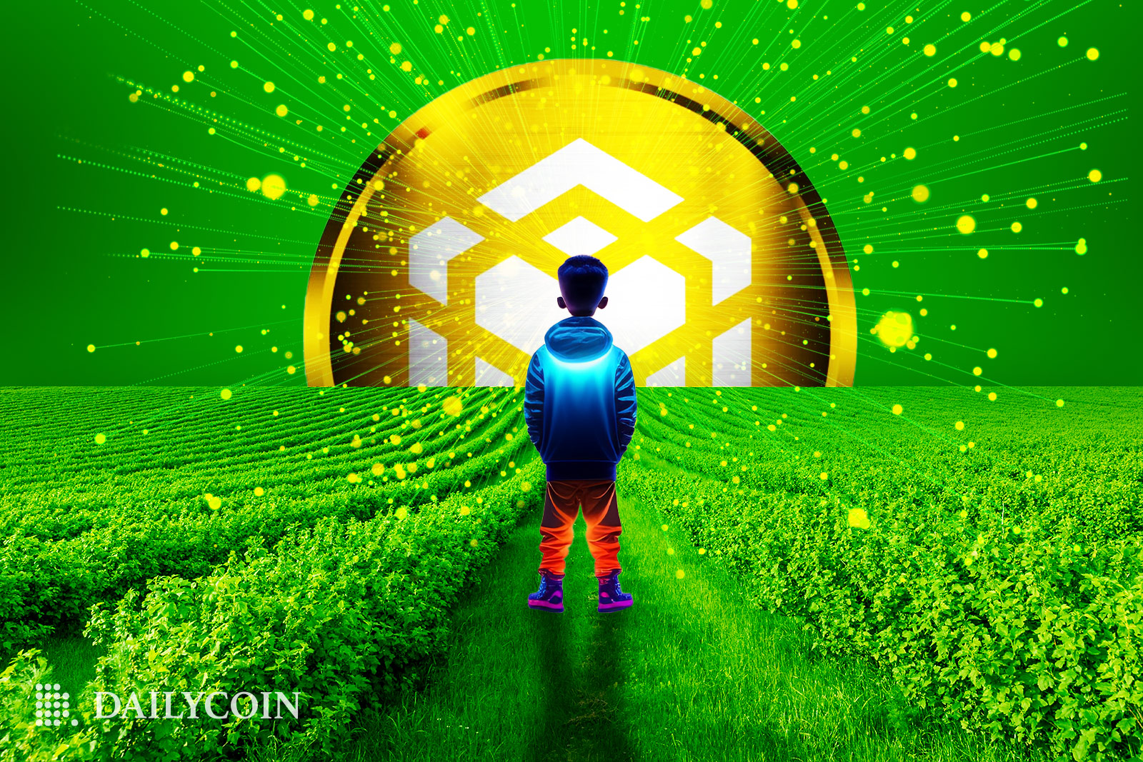 A small boy staring at a rising BNB token at a greenfield.
