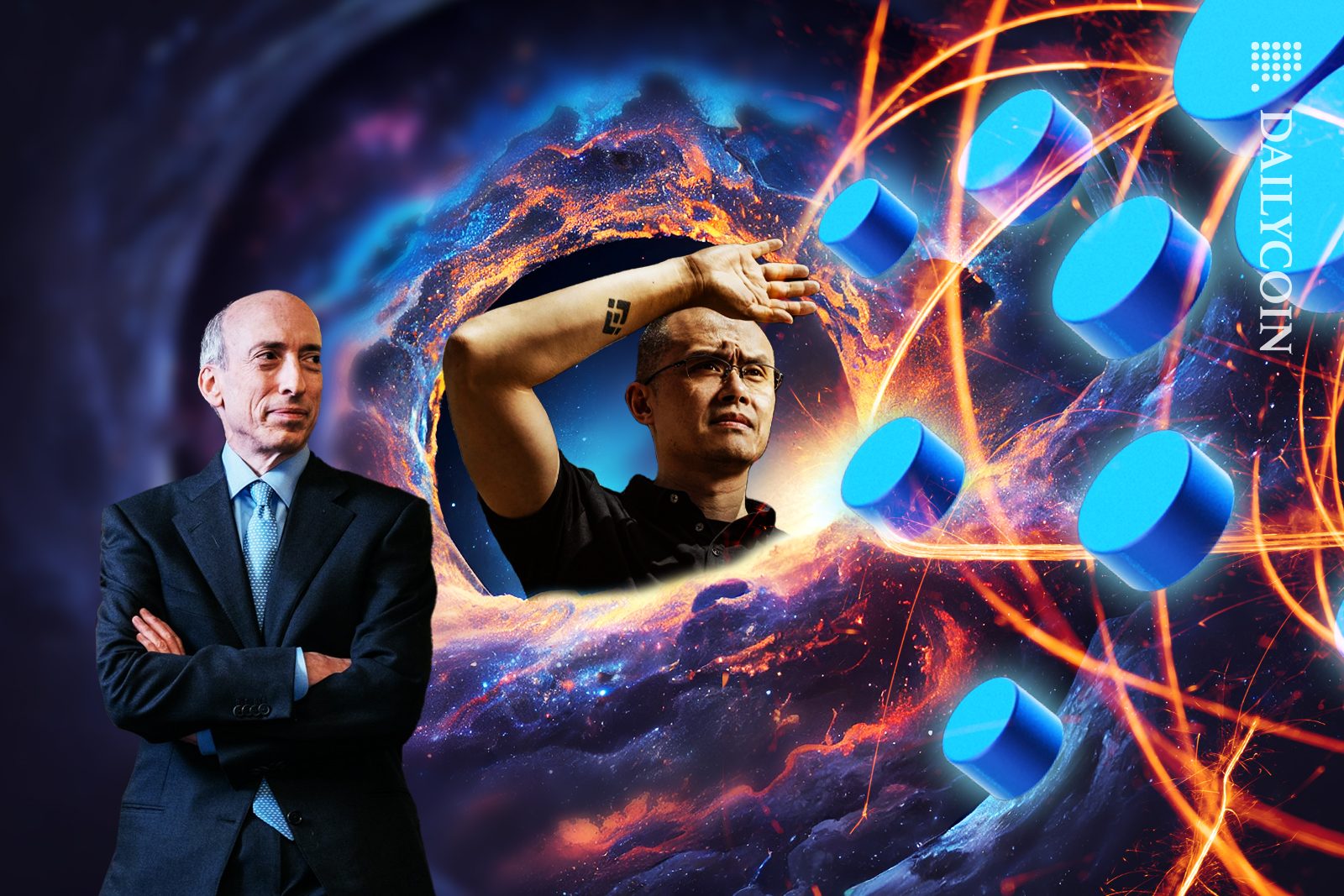 In a galaxy Gary Gensler and Changpeng Zhao looking at Cardano approaching.