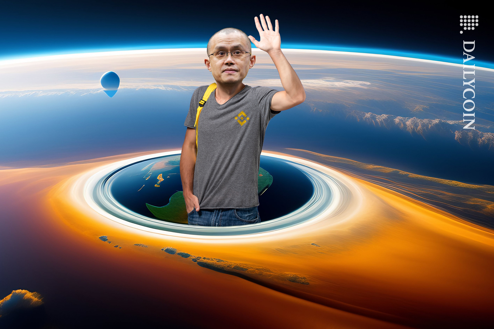 Binance CZ going into an earth portal, waving goodbye.