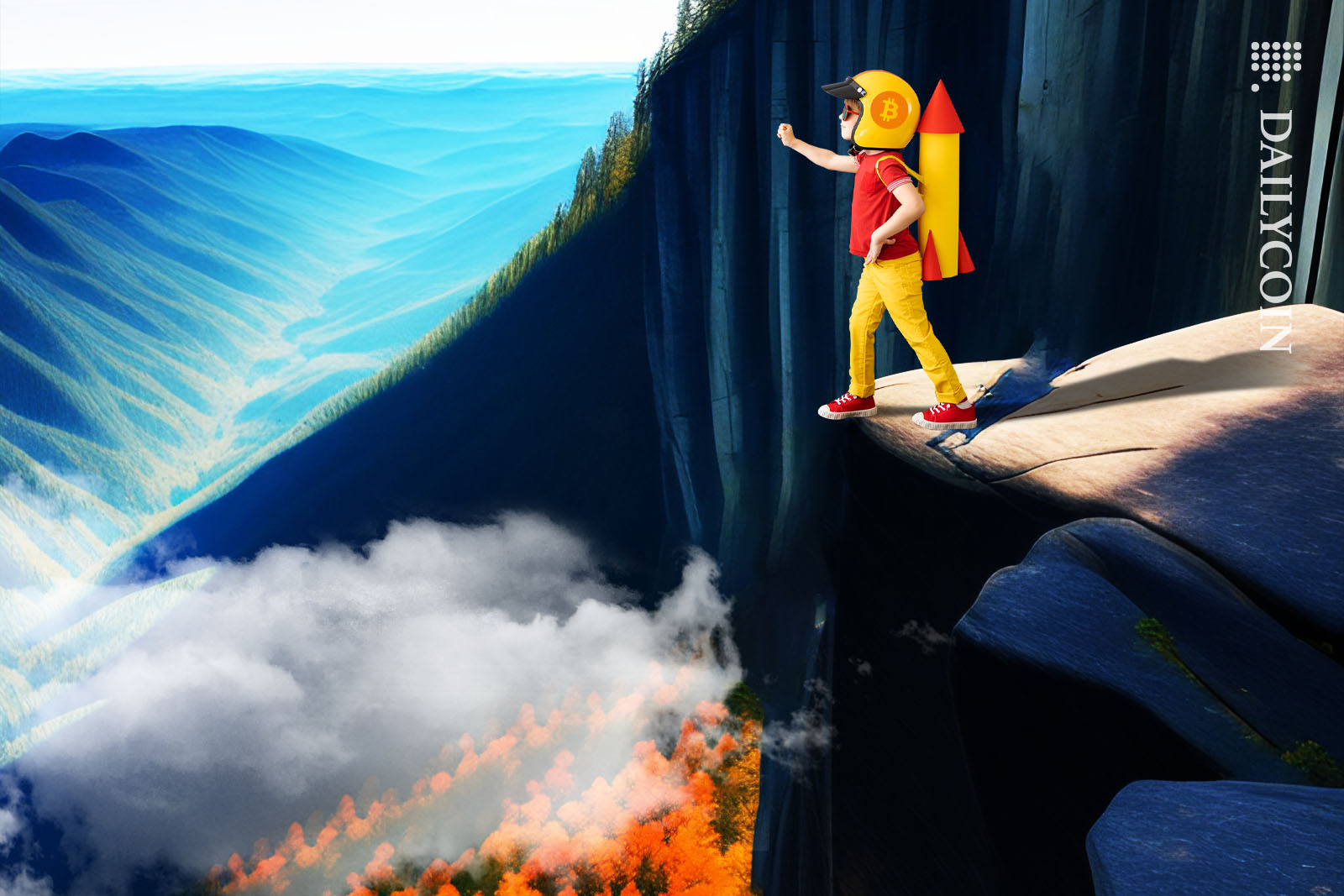 Little boy with a rocket on his back and a helmet on his head approaching the edge of a cliff, ready to jump.
