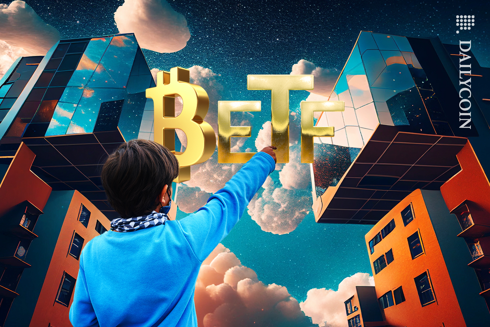 Kid pointing at Bitcoin ETF, in between two buildings that look identical.