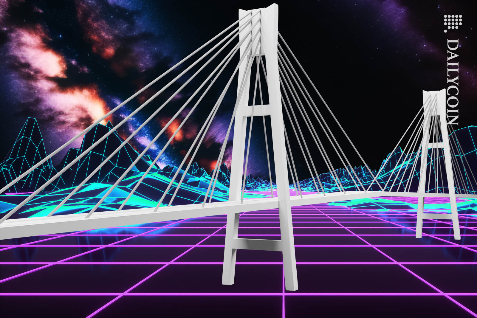 A bridge over a digital landscape, connecting two sides.
