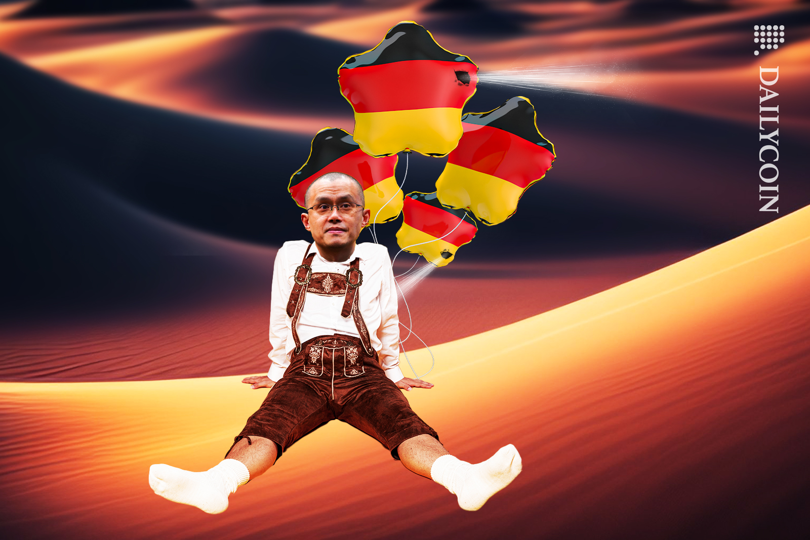 Binance CZ dressed up, in a traditional German outfit, sitting in the desert, with broken German flag balloons.