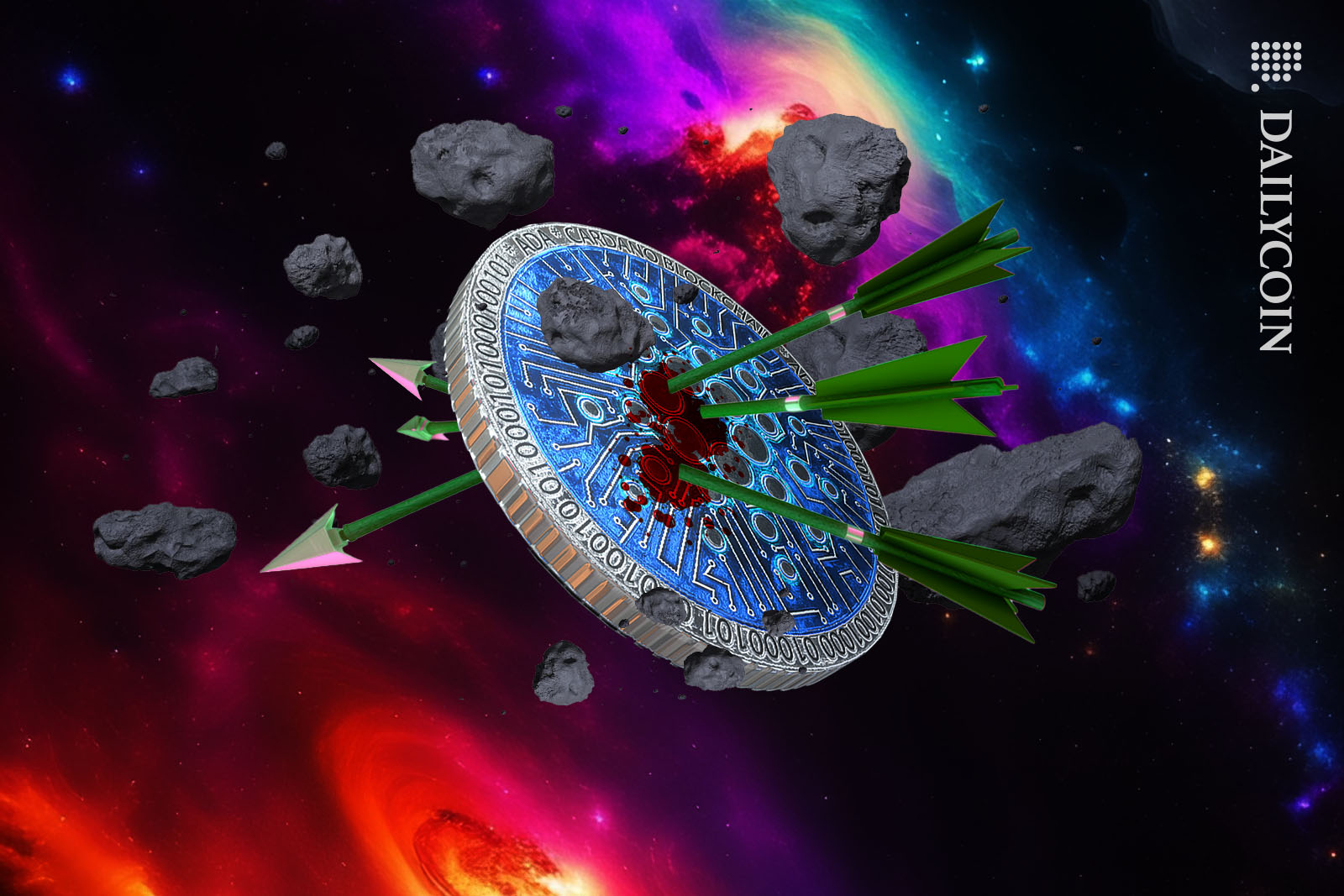 Cardano coin floating in space with three green arrows in it.