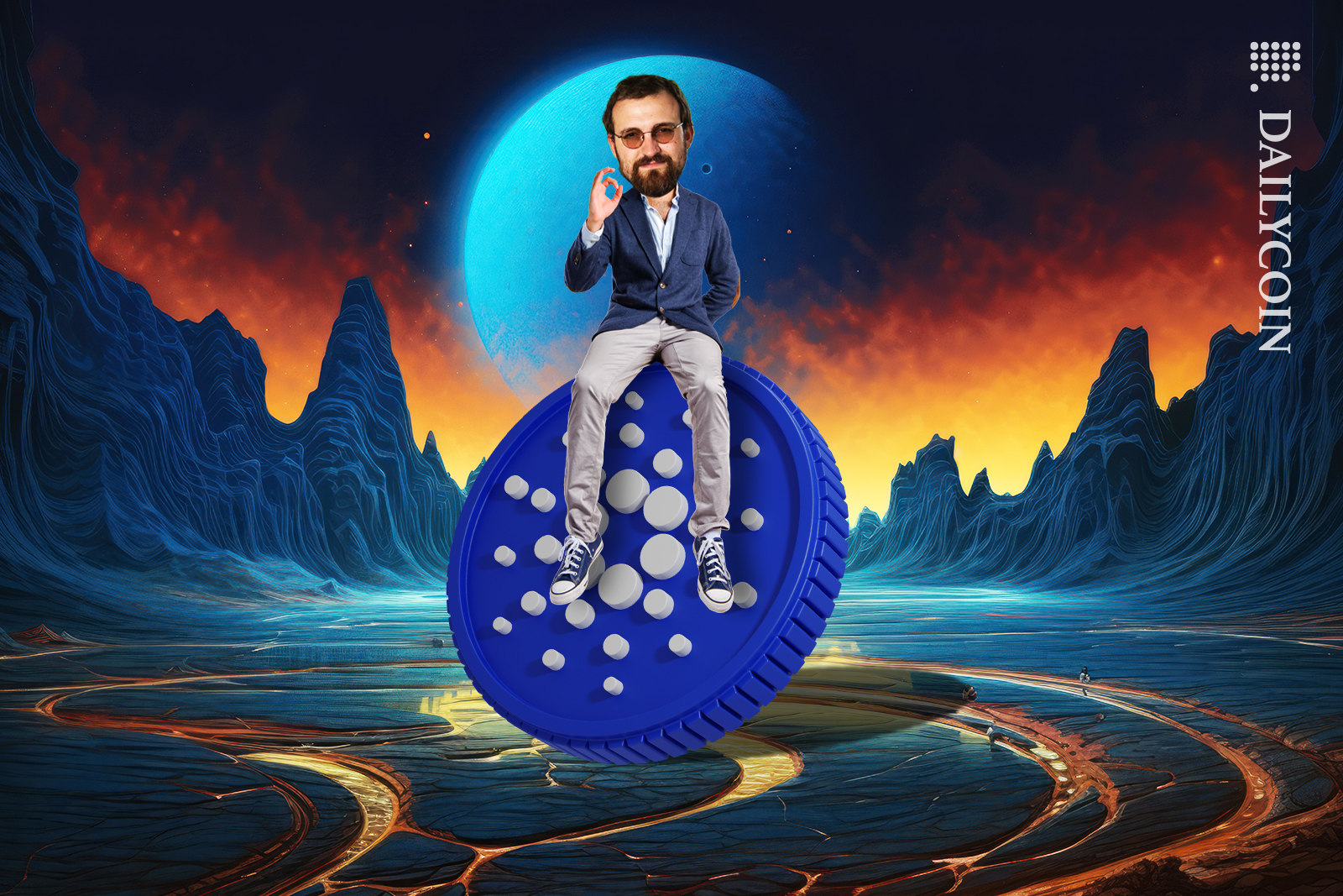 Charles Hoskinson showing ok hand sitting on top of Cardano coin.