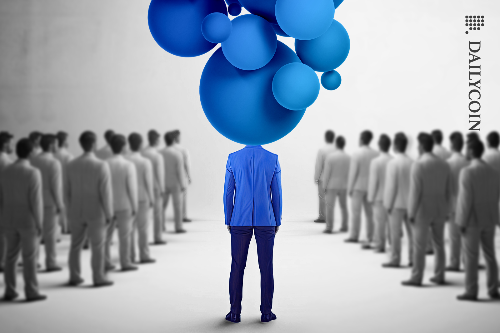 Man in suit with bubbles on head standing out from the crowd.