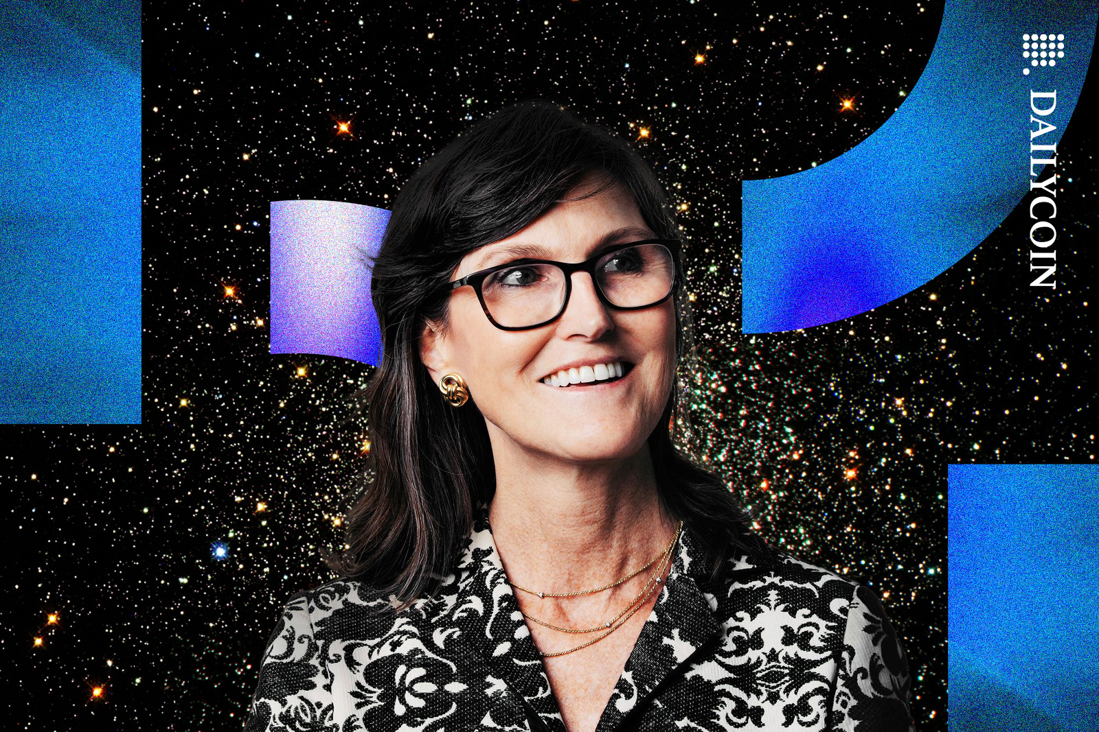 Cathie Woods smiling with Block.one logo.