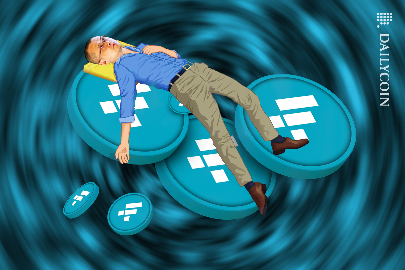 Changpeng Zhao tired and dizzy, spinning with FTT coins.