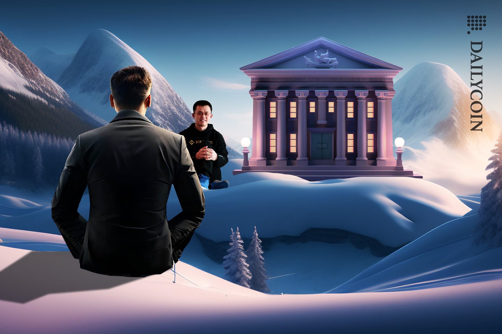 Changpeng Zhao sitting in a frozen landscape next to court, while a business man watching him from a distance.