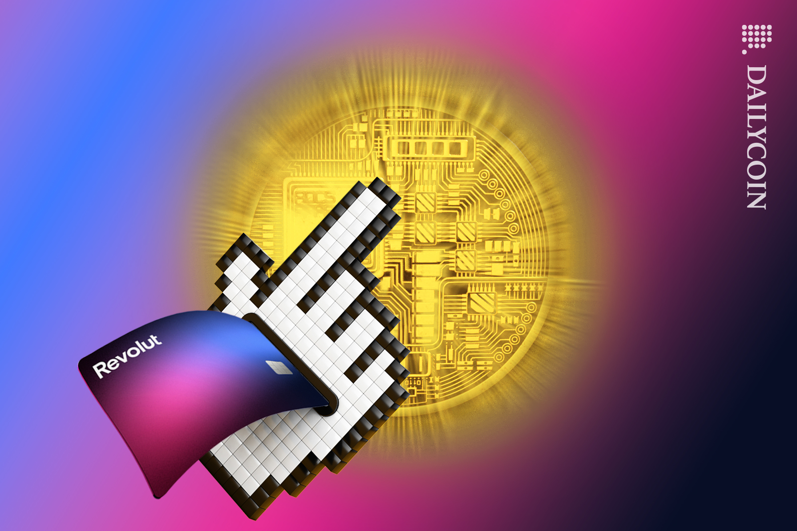 Computer mouse hand with revolut card inside, clicking on a crypto coin.