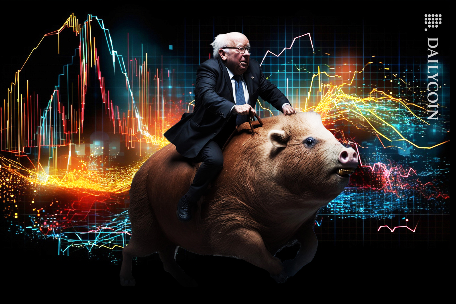 Banker man riding a pig in the complex market.