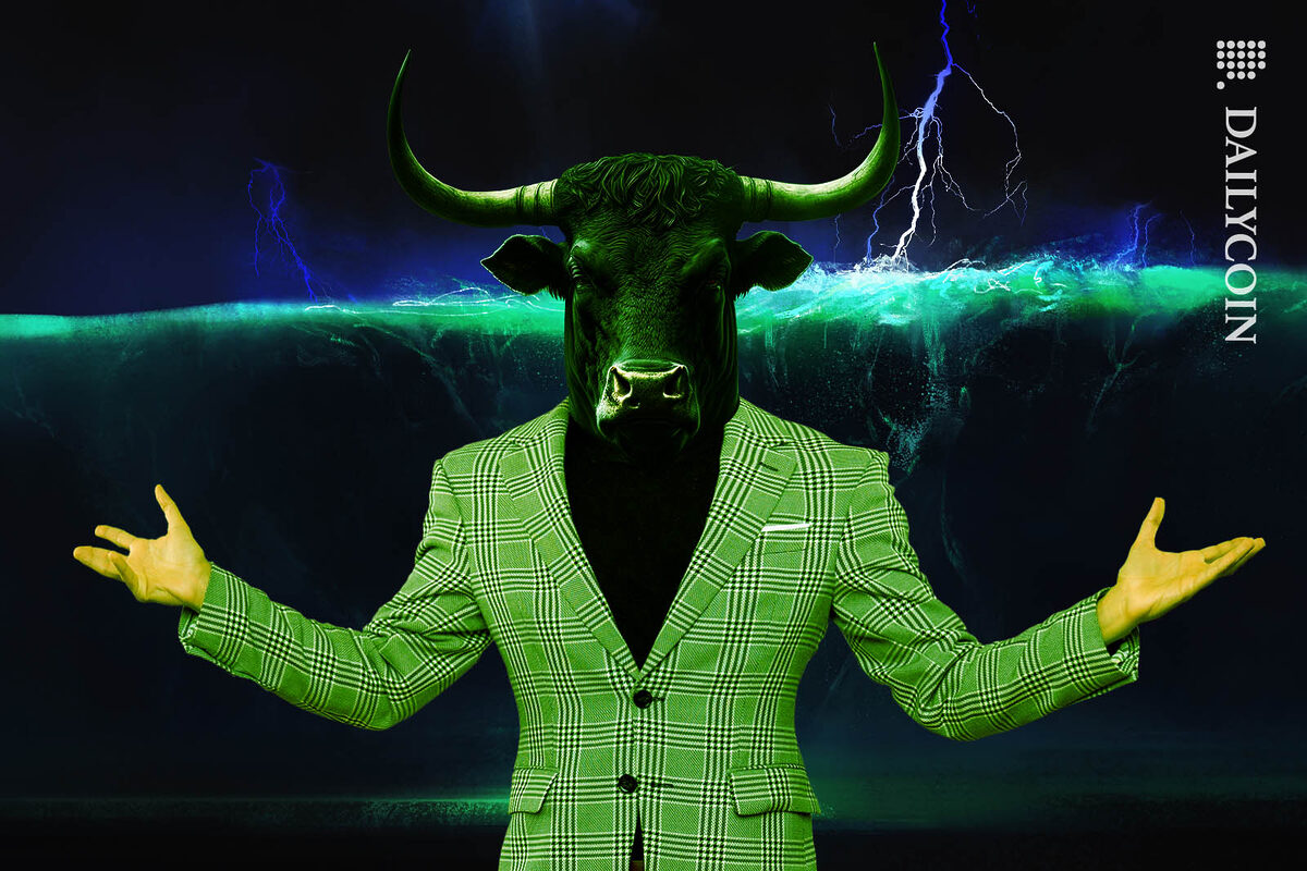 A human with a bull head and green jacket sands in front of a huge wave approaching with his arms out.