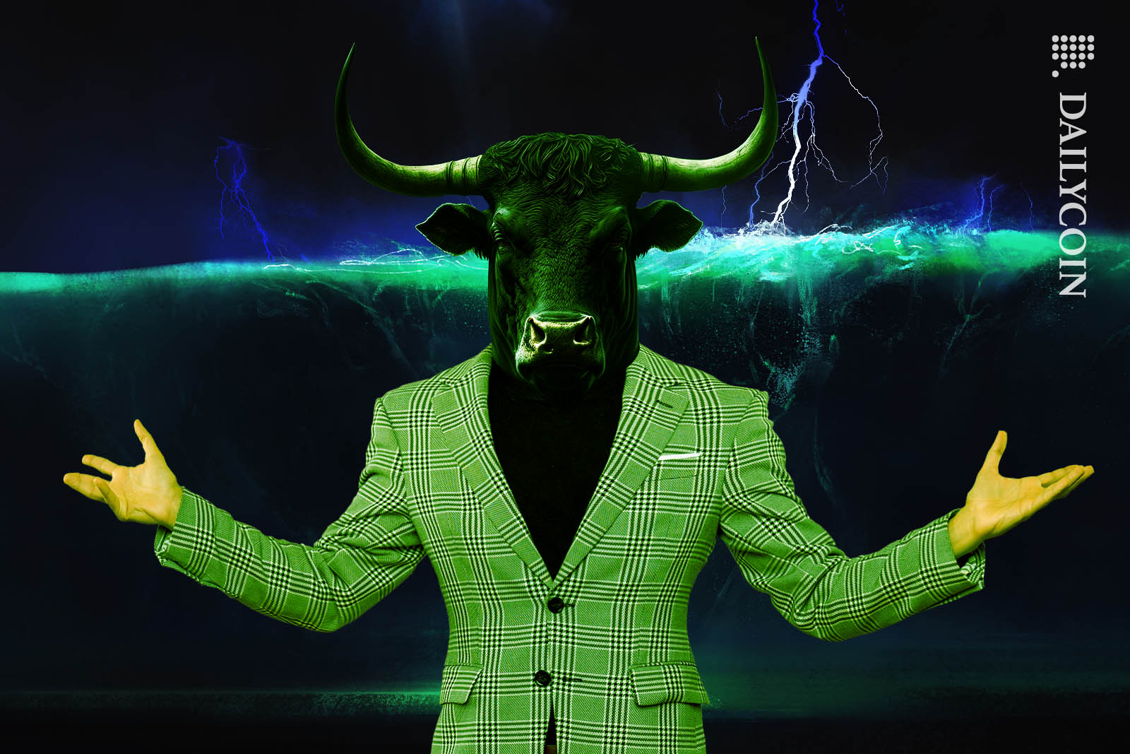A human with a bull head and green jacket sands in front of a huge wave approaching with his arms out.
