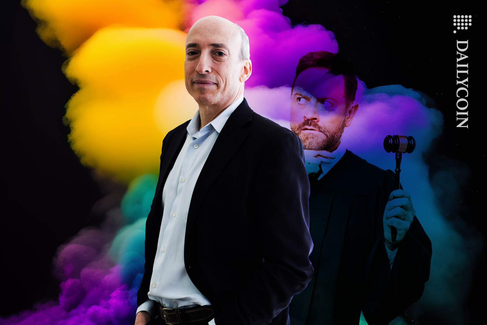 Judge covered in colorful smoke looking at Gary Gensler.