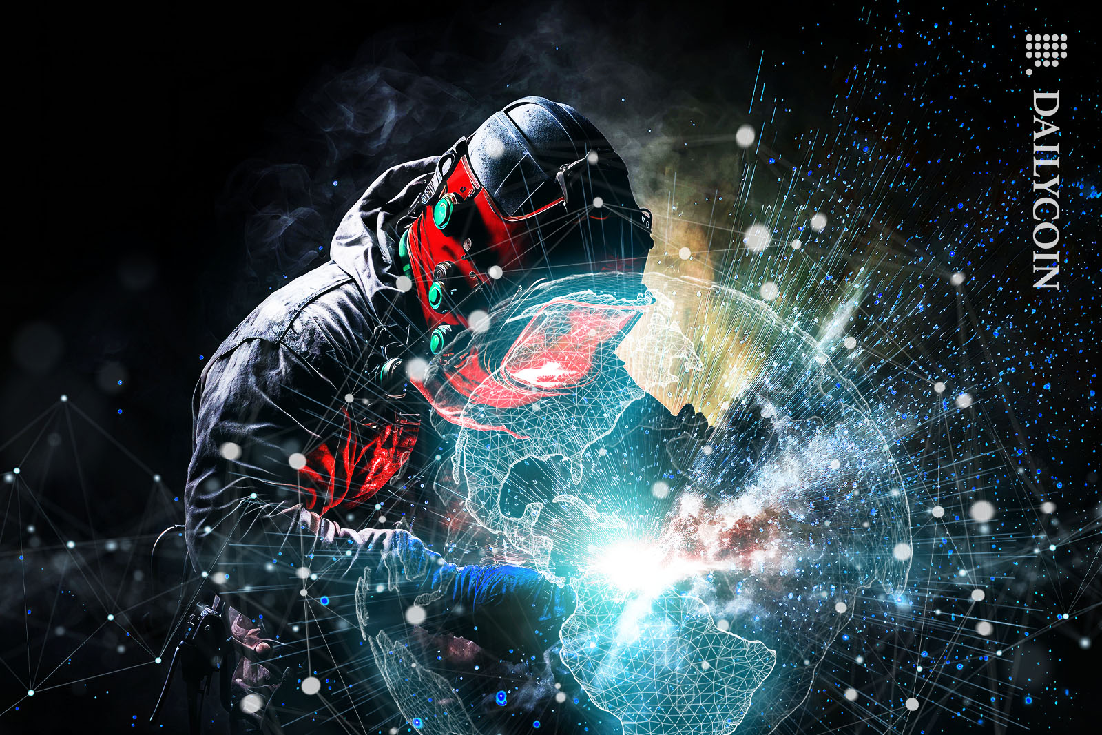 A welder working on a digital representation of planet earth.