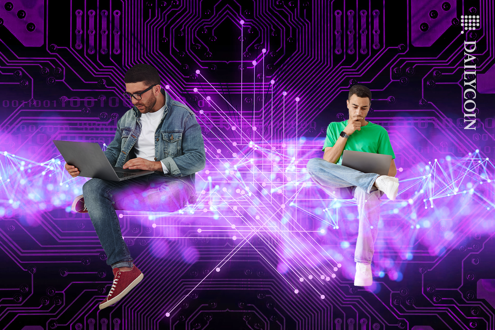 Men working on laptops on blockchain.