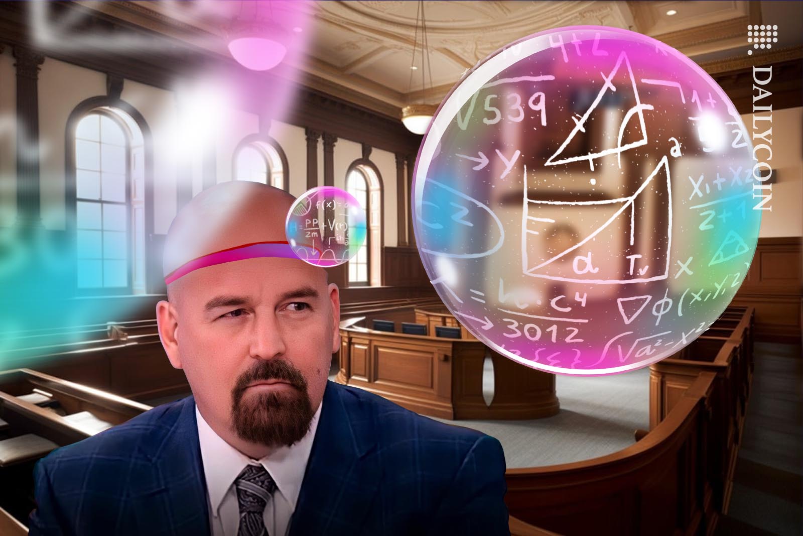 John Deaton predicting the outcome of the lawsuit based on some complex random calculations, appearing out of his head in soap bubbles.