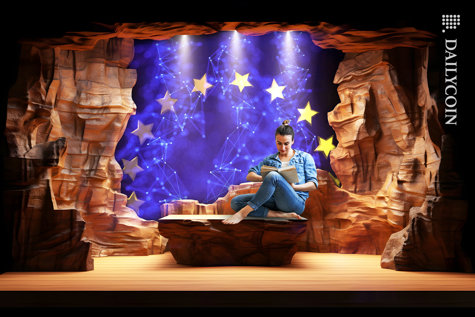Woman reading a journal in a defi dungeon.