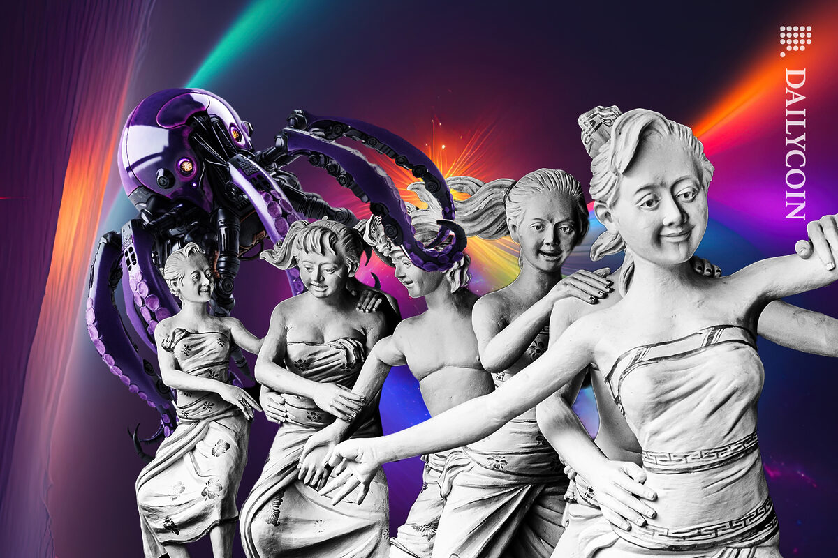 Kraken dancing with girl sculptures.