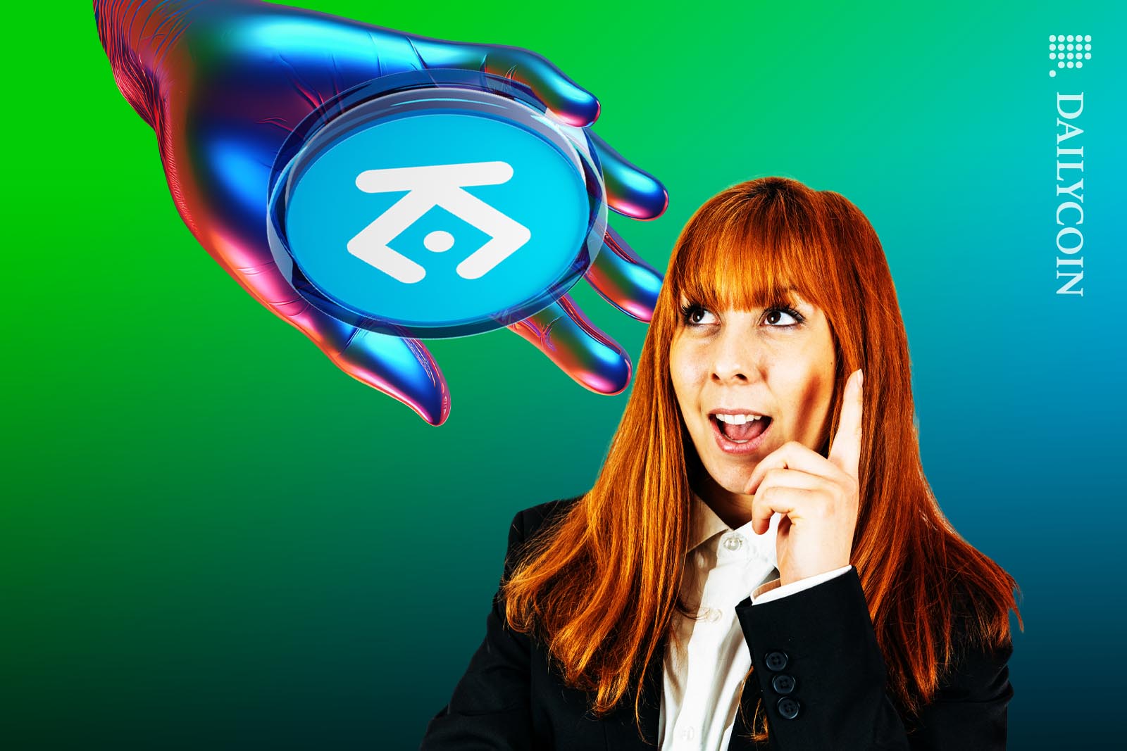 Lady thinking if she wants to take Kucoin offered by a blue hand.