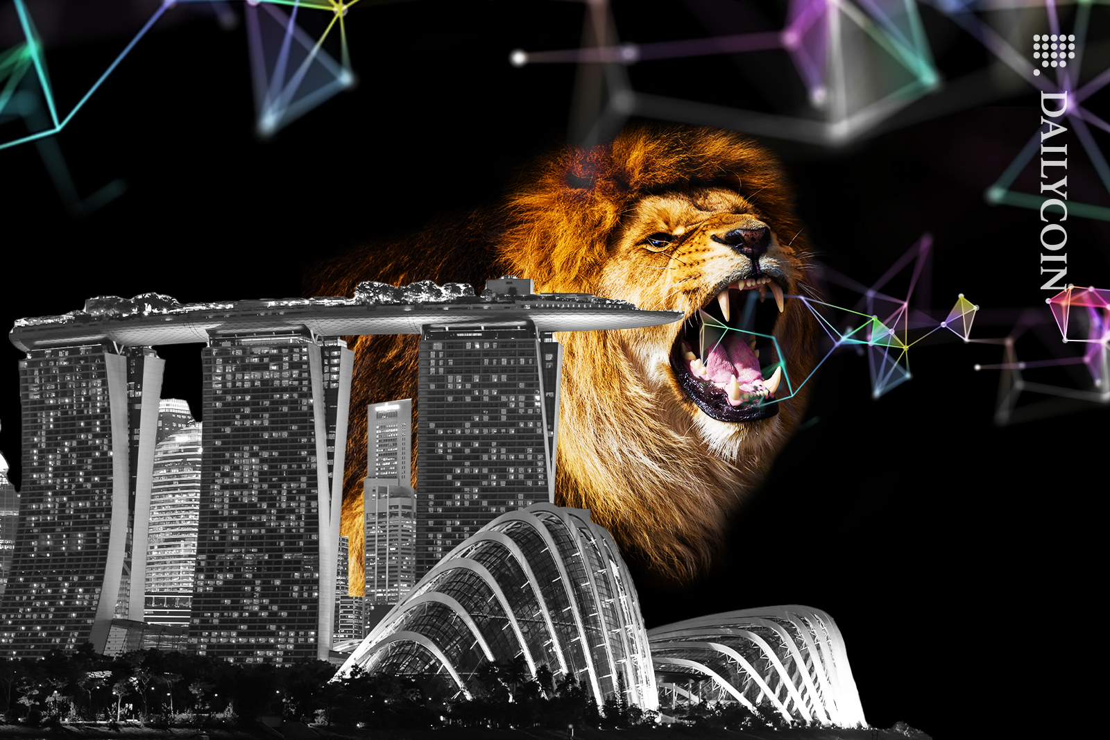Giant lion roaring DEFI in Singapore.