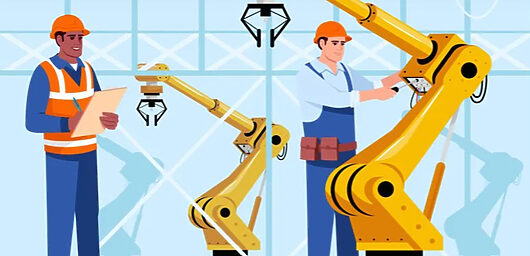 Two cartoon workers repair a crane.
