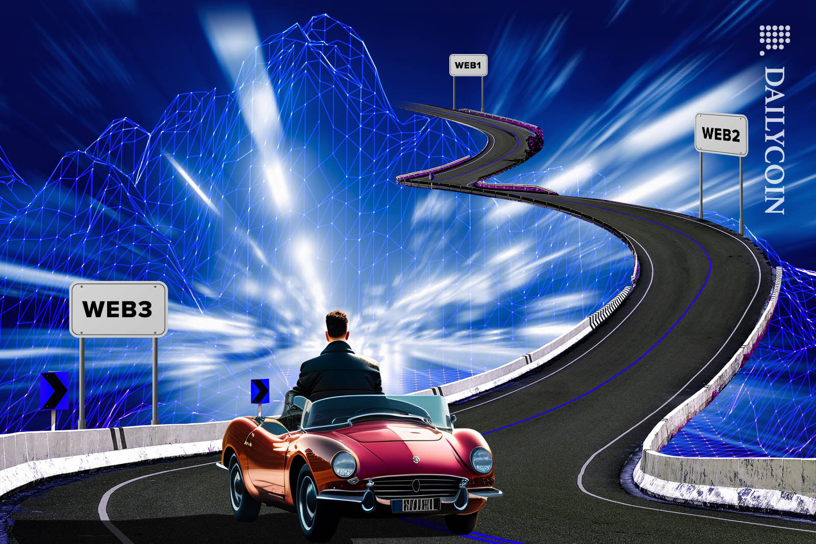 Man driving down a road towards WEB4 sitting backwards.