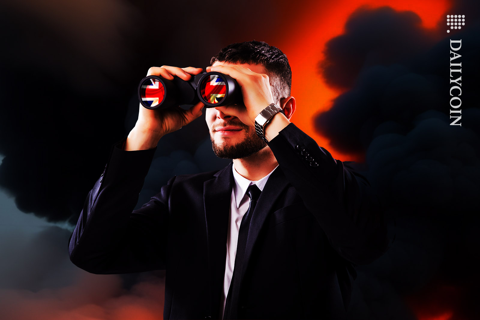 Guy in suit looking through binoculars, Union Jack reflects on the lenses.