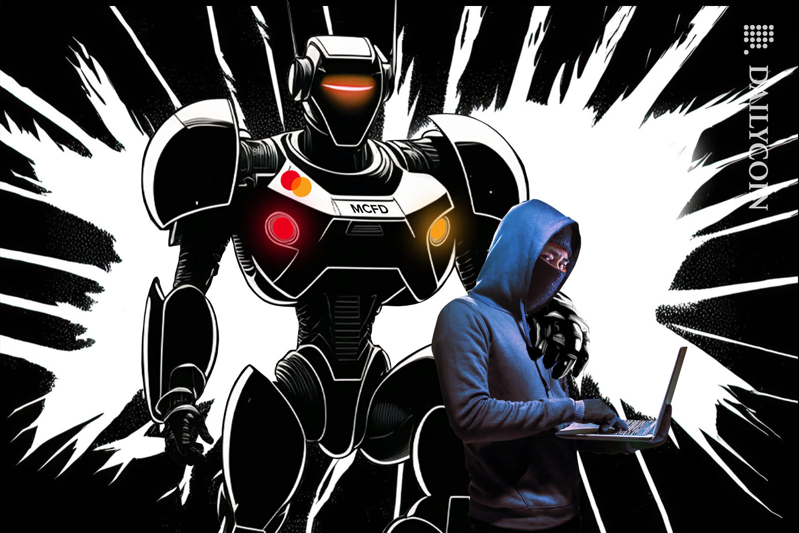 Huge robot from MasterCard Fraud Department catching a hacker red handed.