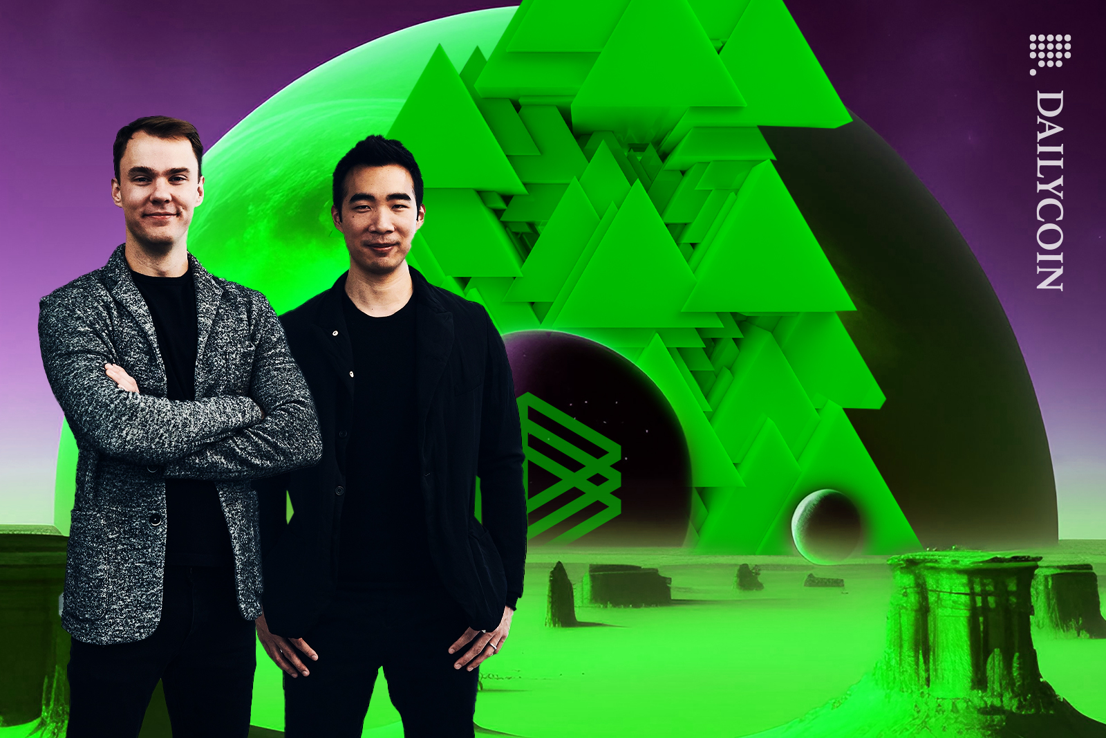 Matt Huang and Fred Ehrsam standing in AI land, Paradigm eye shape spreading.