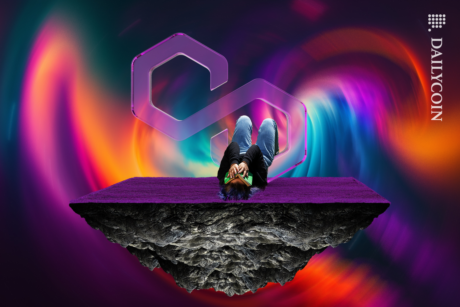 Woman on a dizzy Polygon island, losing hope.