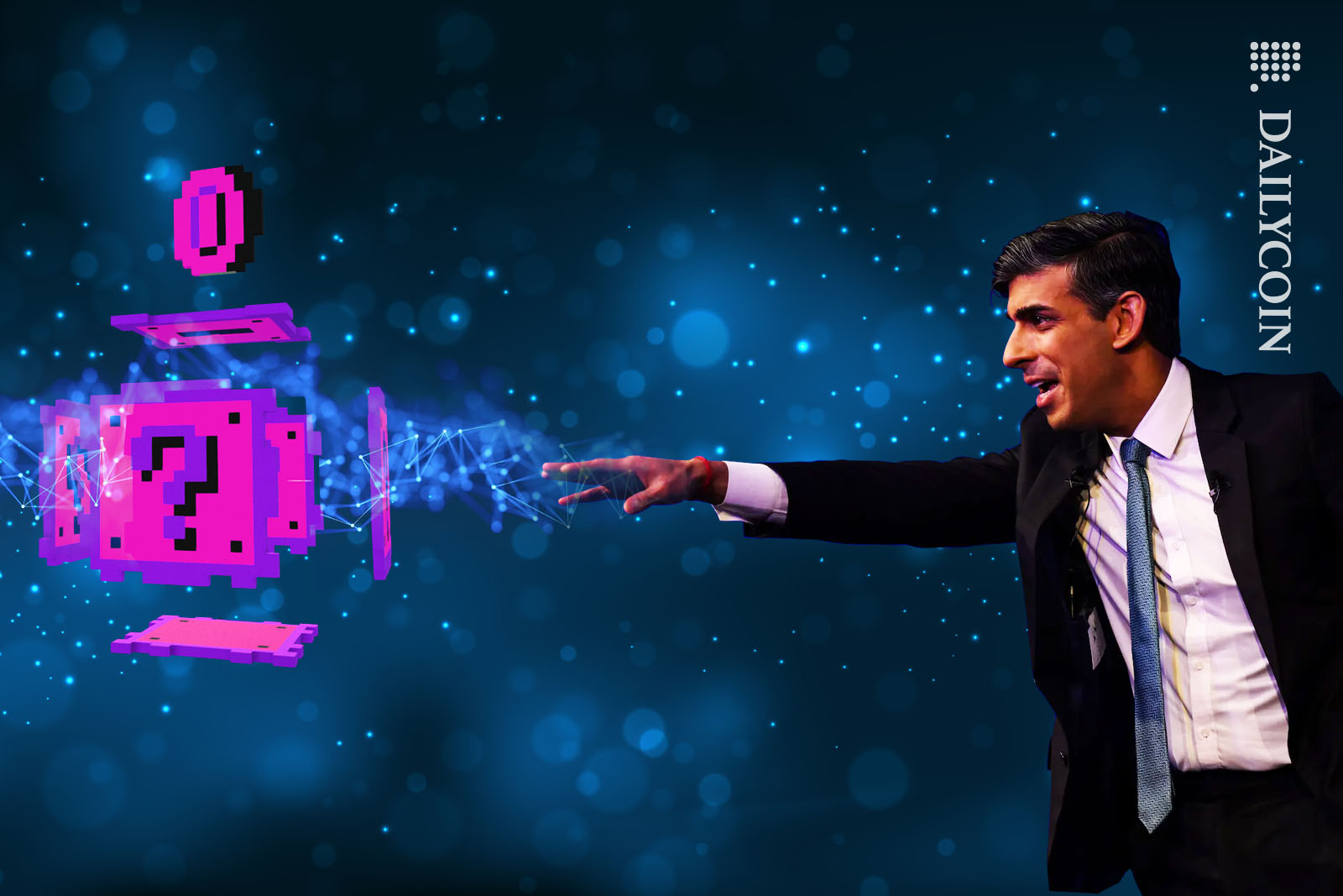 Rishi Sunak trying to assemble a digital piggy bank with the help of telekinesis.