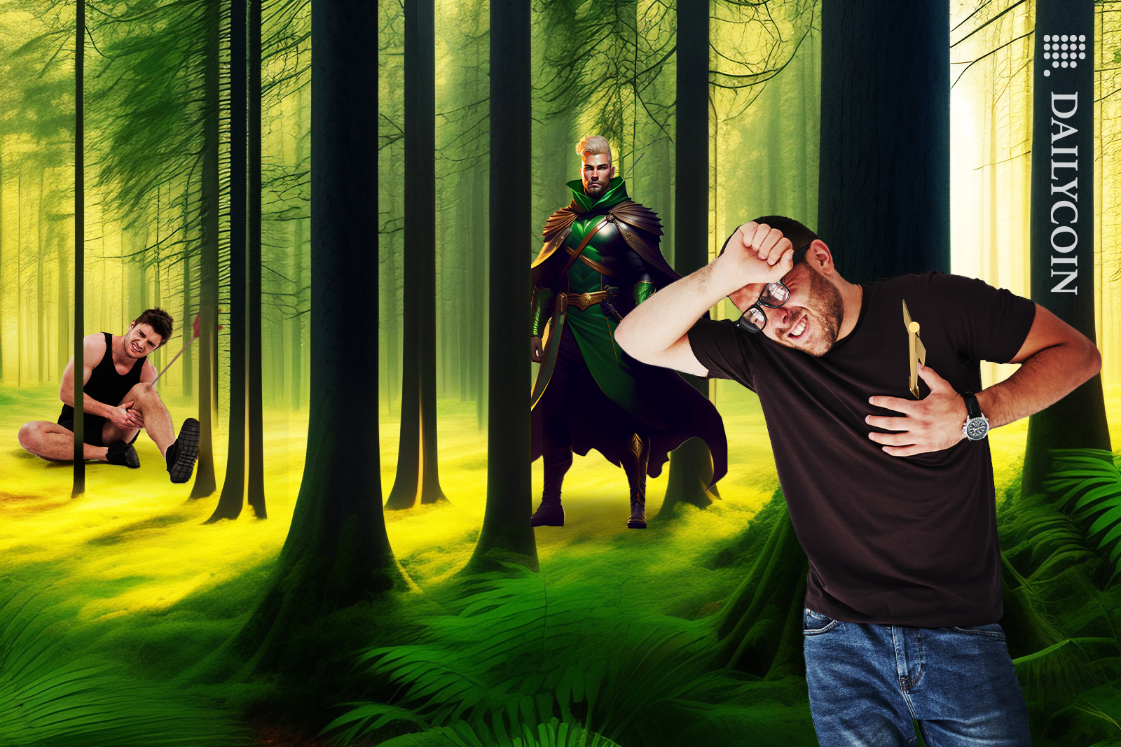 People attacked by arrows in the woods by robin hood.
