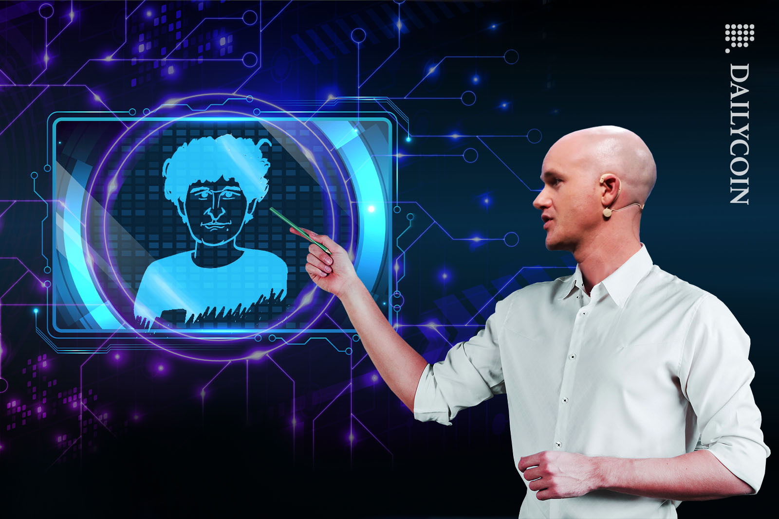Brian Armstrong pointing at a digital board, which has a sketch of Sam Bankman Fried on it.