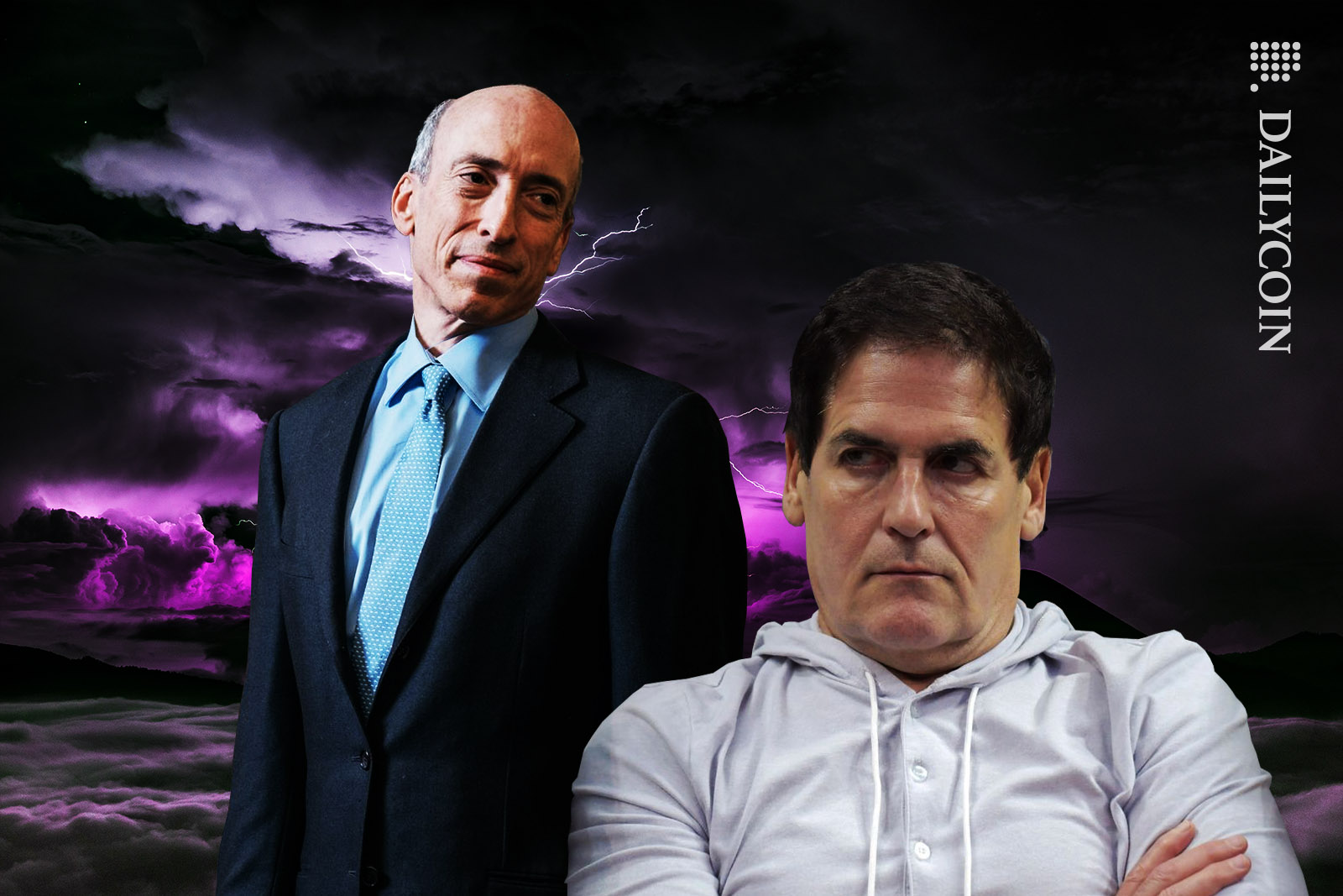 Mark Cuban appears to be angry, whilst Gery Gensler looking at him in the background smiling.
