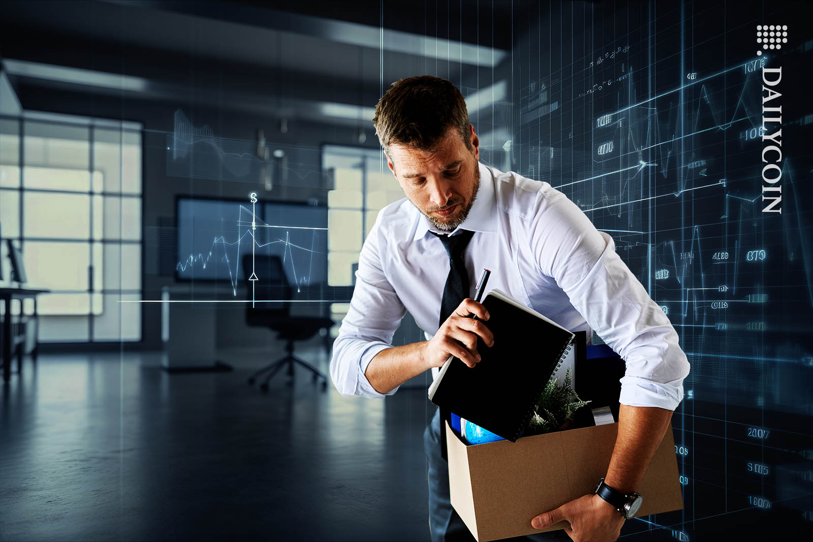 Man in shirt and tie packing his box in his office after being fired.