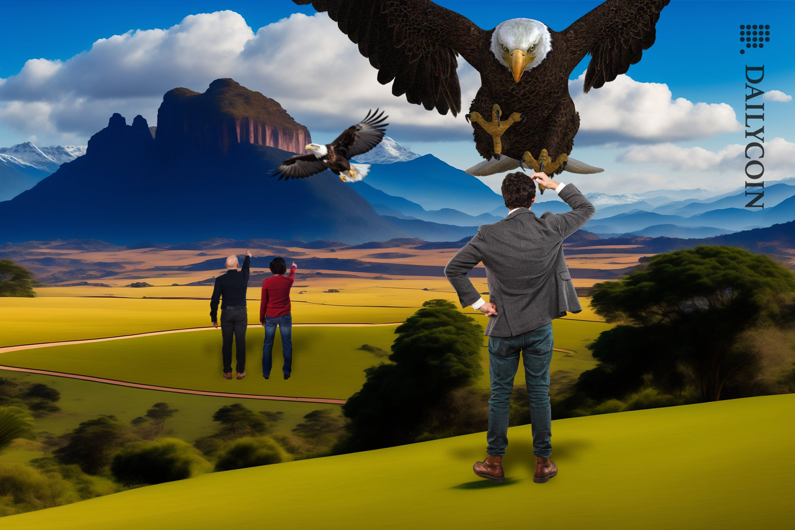 People getting snatched by eagles at an open valley.