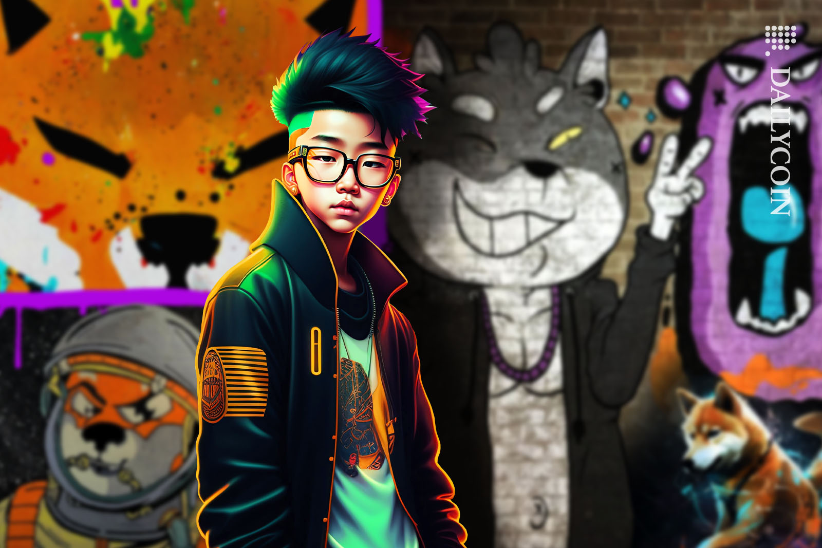 Young Japanese guy poses infront of a wall full of Shiba Inu graffiti.