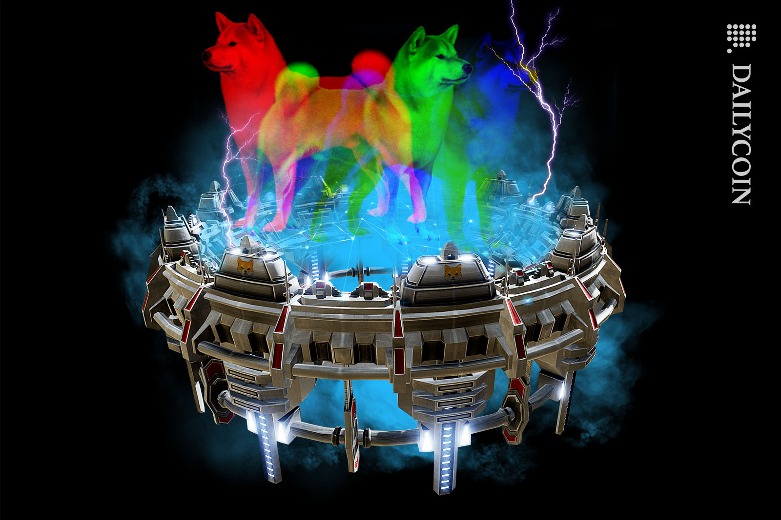 Shiba Inu with RGB split standing on a futuristic looking Shibaswap machine.
