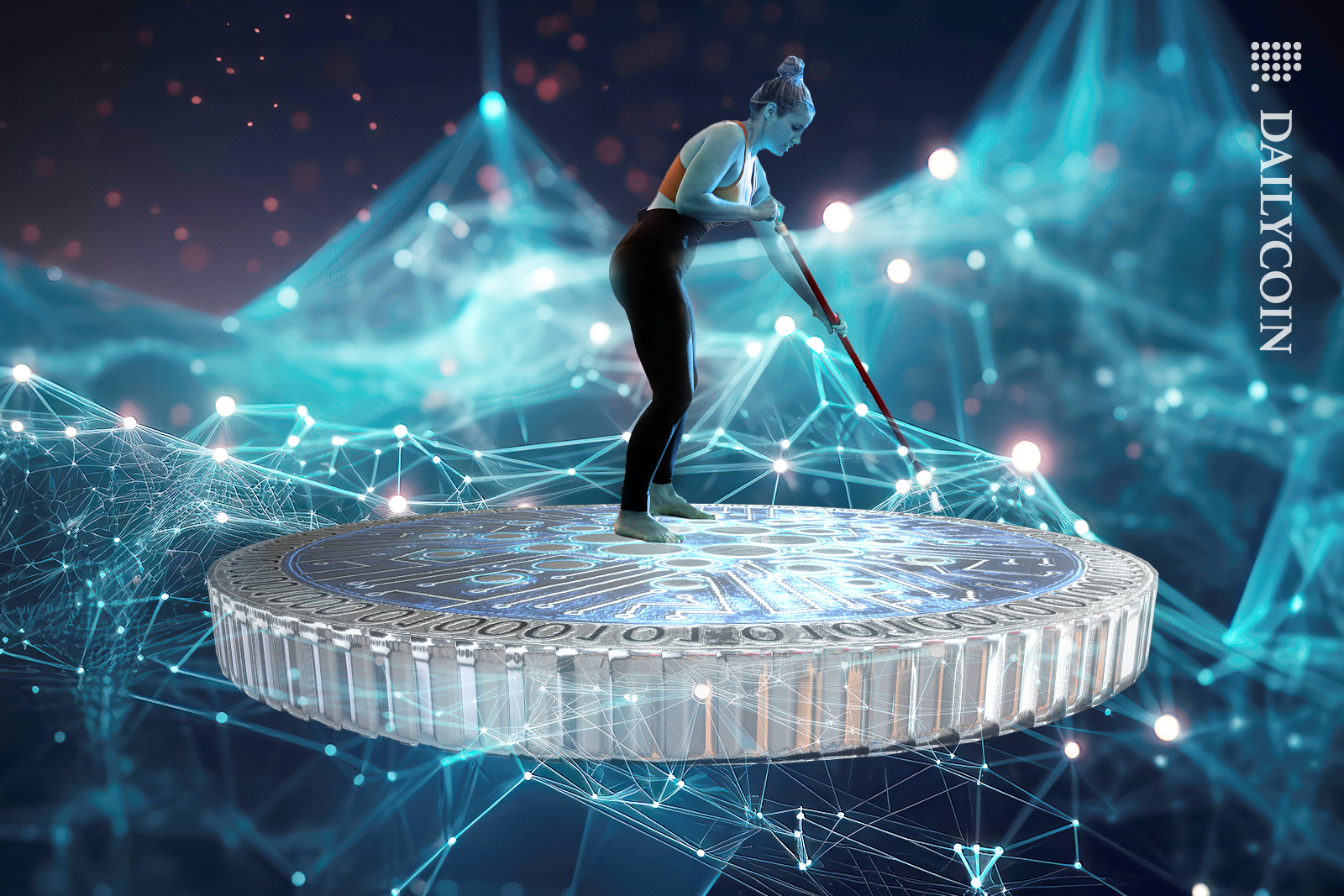 Woman paddling throung blockchain on a cardano coin.