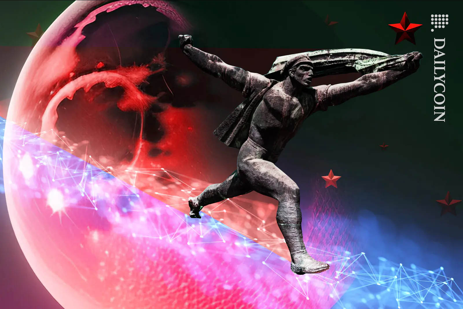 Soviet figure running on blockchain in space in front of the moon.