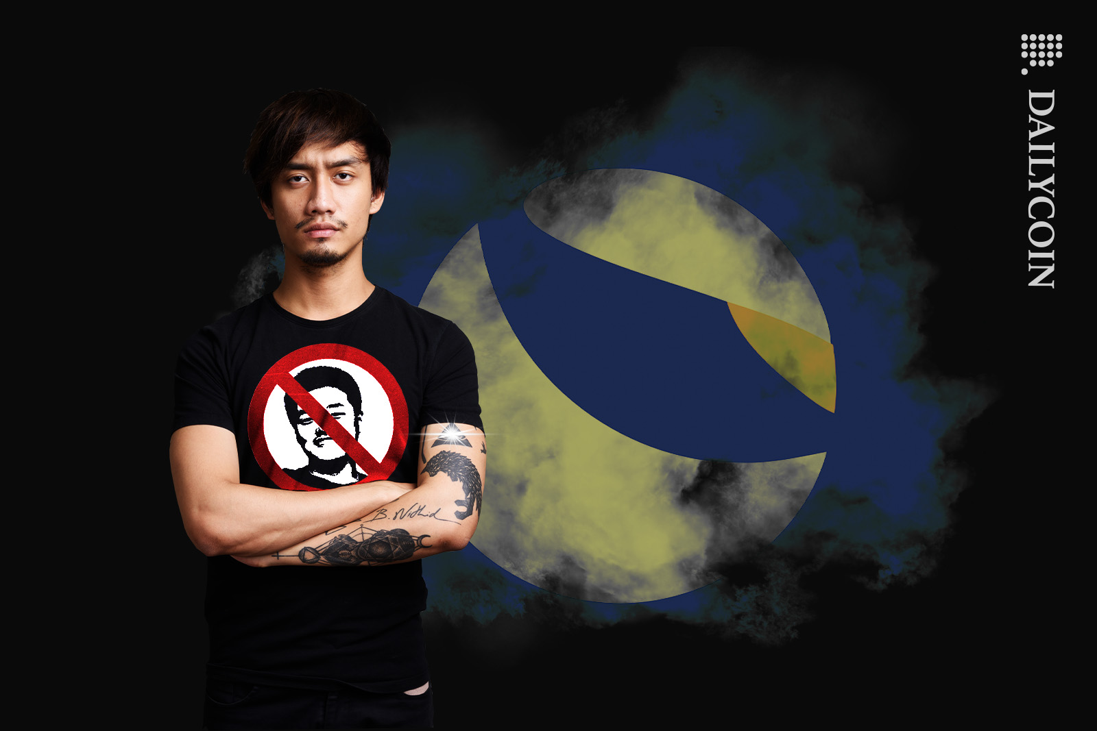 Korean man posing in an anti-Do Kwon T-Shirt infront of a smoke cloud in Terra Luna colours.