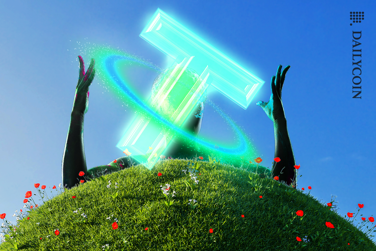 Tether glowing on round growing earth, human hands beside it.