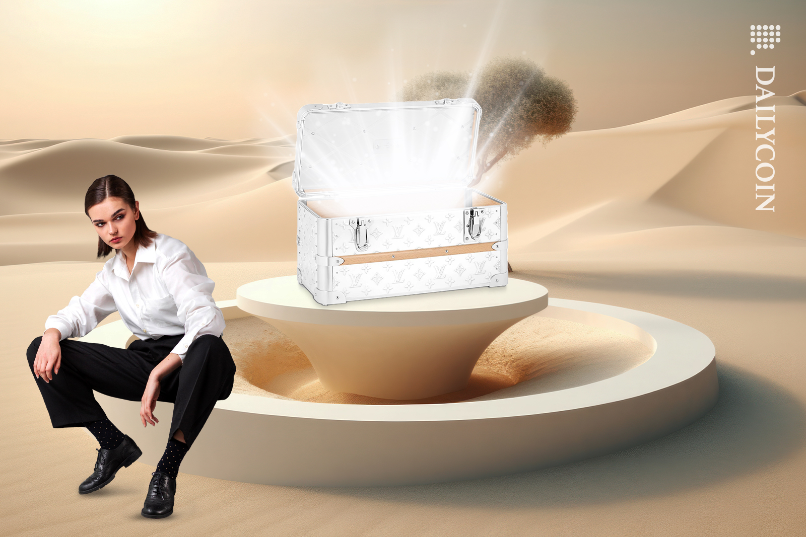 Louis Vuitton trunk NFT in a desert next to a squatting model.