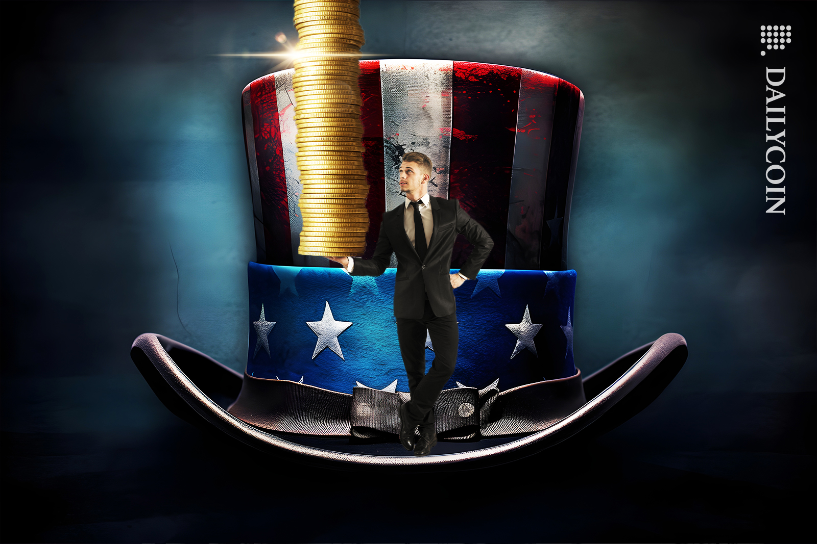 Man on uncle Sams hat with a pile of coins.