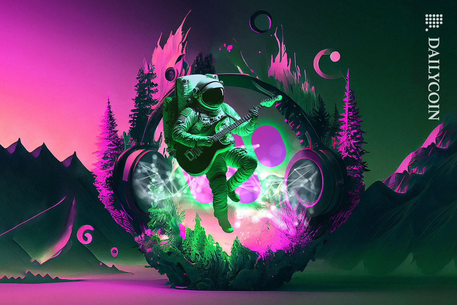 Spaceman playing his guitar, inbetween massive headphones and blockchain.