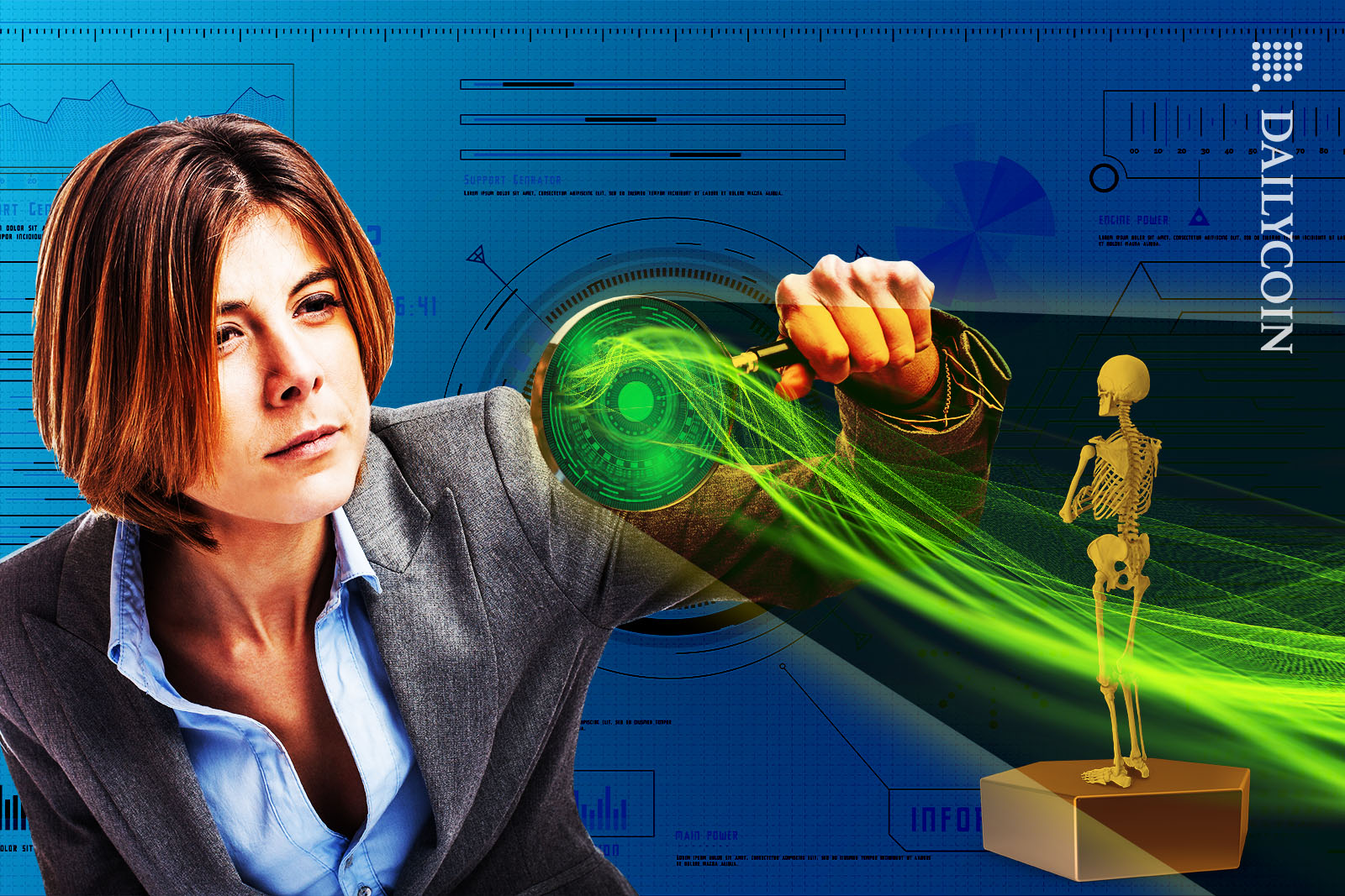 Smart looking woman examining a person through a digital magnifying glass X-ray machine.
